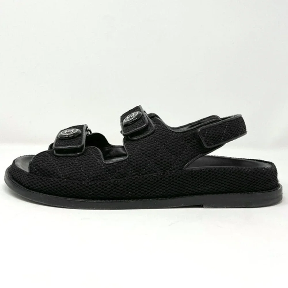Chanel Quilted Fabric Logo Double Strap Flat Sandals Size 40